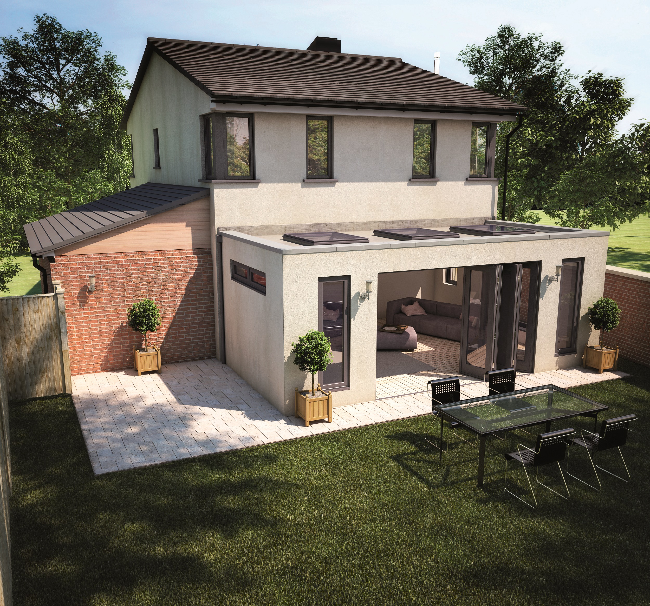 Grand designs glass box with skylights and aluminium folding sliding doors 7016 grey